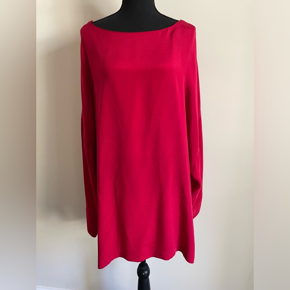 Vintage Neiman Marcus Sz 1X Red 100% Silk Blouse Wide Sleeves Lagenlook Slits